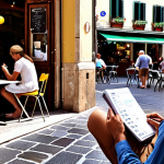**A vibrant Italian cafe scene. A person is sketching in a notebook while observing people interacting and street details, capturing potential business opportunities.** (Focuses on being observant and cultivating curiosity in a familiar Italian setting).