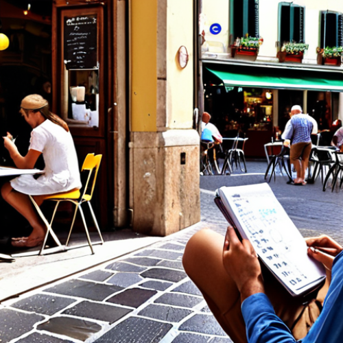 Home 17 **A vibrant Italian cafe scene. A person is sketching in a notebook while observing people interacting and street details, capturing potential business opportunities.** (Focuses on being observant and cultivating curiosity in a familiar Italian setting).