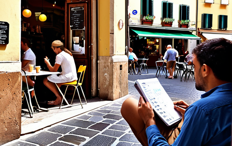 **A vibrant Italian cafe scene. A person is sketching in a notebook while observing people interacting and street details, capturing potential business opportunities.** (Focuses on being observant and cultivating curiosity in a familiar Italian setting).