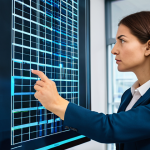 A focused professional businesswoman in a modest business suit, intently examining a large, complex problem visualized as a deconstructed, intricate puzzle on a modern, interactive digital display in a minimalist, bright office. She points thoughtfully at a specific, clarified component. The atmosphere is one of calm analytical work and problem resolution. fully clothed, appropriate attire, safe for work, professional, perfect anatomy, correct proportions, natural pose, well-formed hands, proper finger count, natural body proportions, high-quality professional photography, natural lighting.