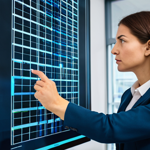 A focused professional businesswoman in a modest business suit, intently examining a large, complex problem visualized as a deconstructed, intricate puzzle on a modern, interactive digital display in a minimalist, bright office. She points thoughtfully at a specific, clarified component. The atmosphere is one of calm analytical work and problem resolution. fully clothed, appropriate attire, safe for work, professional, perfect anatomy, correct proportions, natural pose, well-formed hands, proper finger count, natural body proportions, high-quality professional photography, natural lighting.