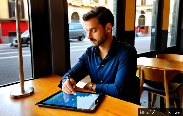 Home 17 기회 포착을 위한 비즈니스 인사이트 - Photorealistic Italian business owner in a bright Milan-style café workspace, thoughtfully studying ...